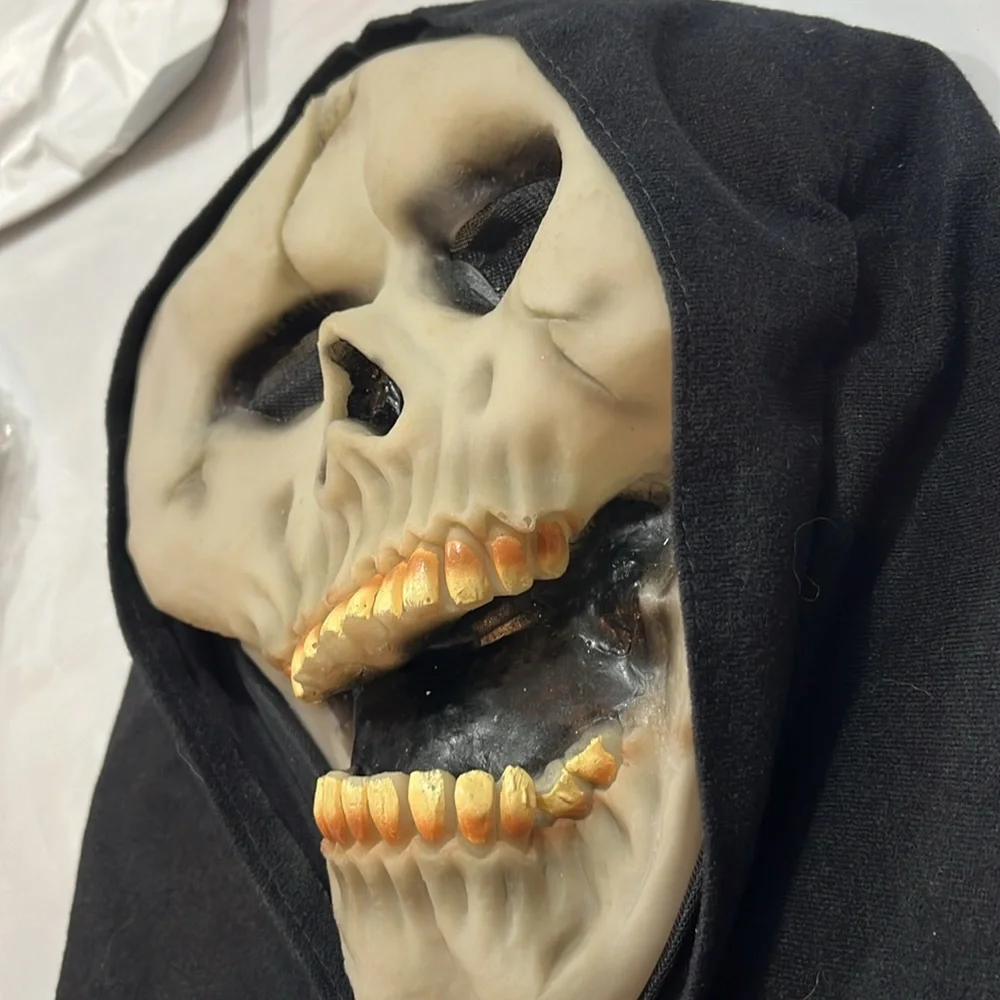 Skull face mask SCARY HORROR teeth open mouth cracked skull black hood Halloween